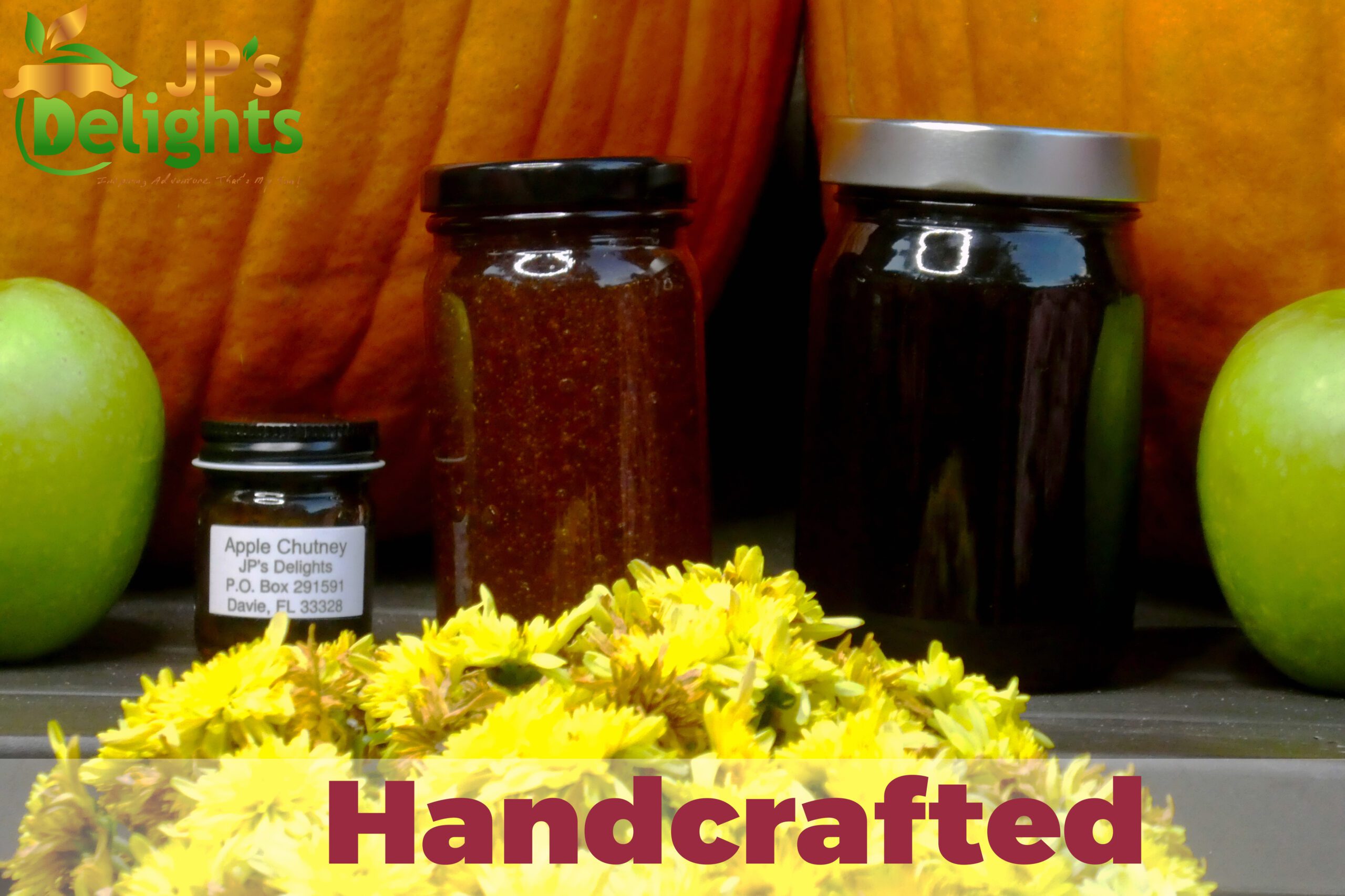 Fall photo of 3 apple chutney sizes close up labeled handcrafted