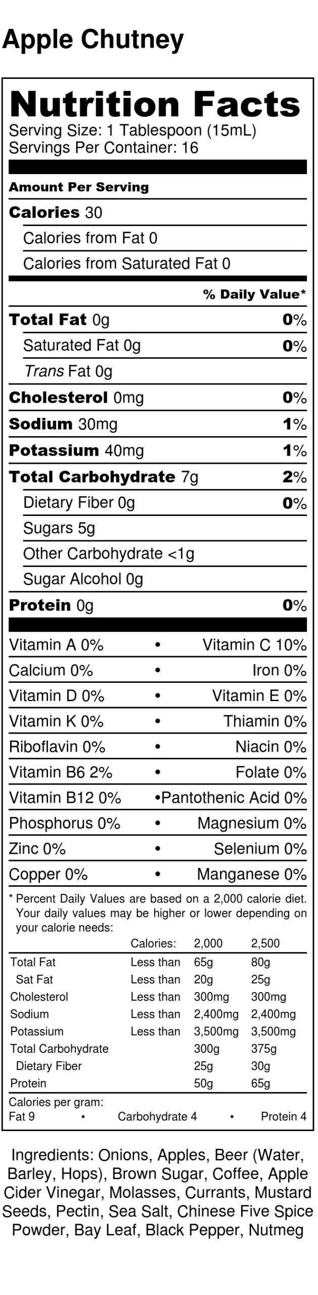 Nutritional Label for an 8 oz jar of Apple Chutney