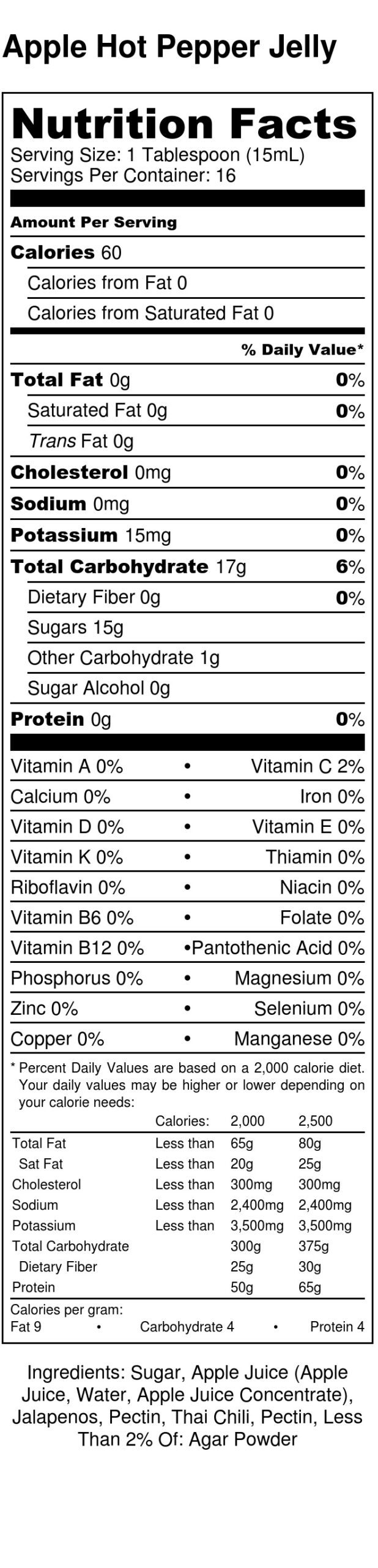 Nutritional Label for an 8 oz jar of Apple Hot Pepper Jelly