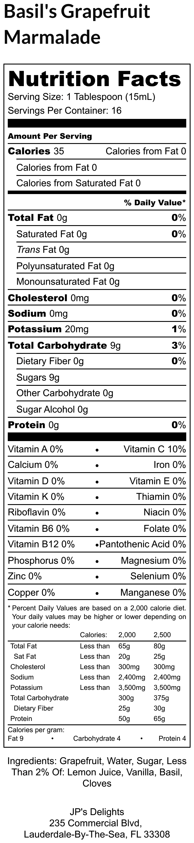 Nutritional label for an 8 oz jar of Basil's Grapefruit Marmalade