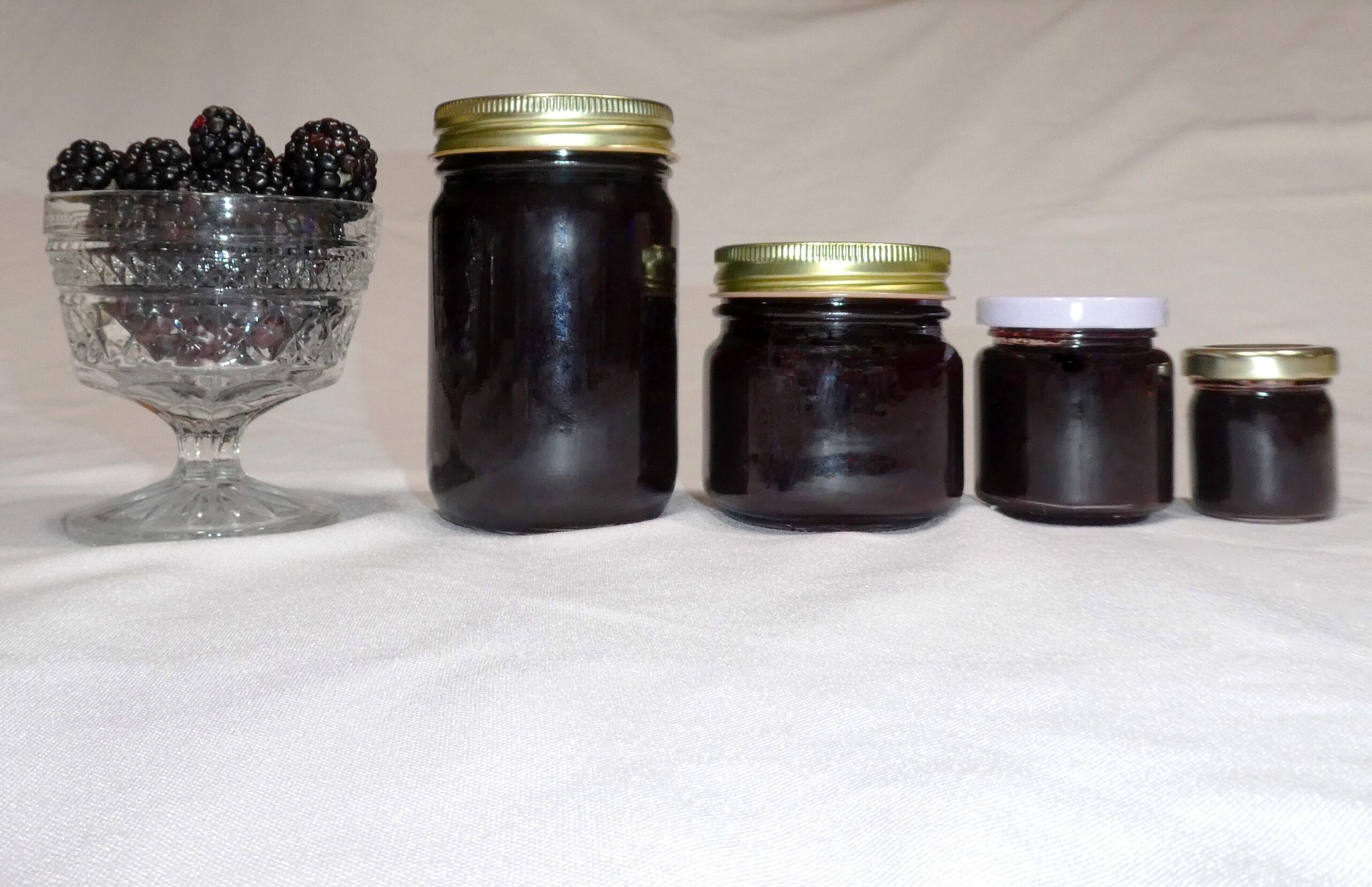All four jar sizes of Blackberry Jam surrounded by ingredients