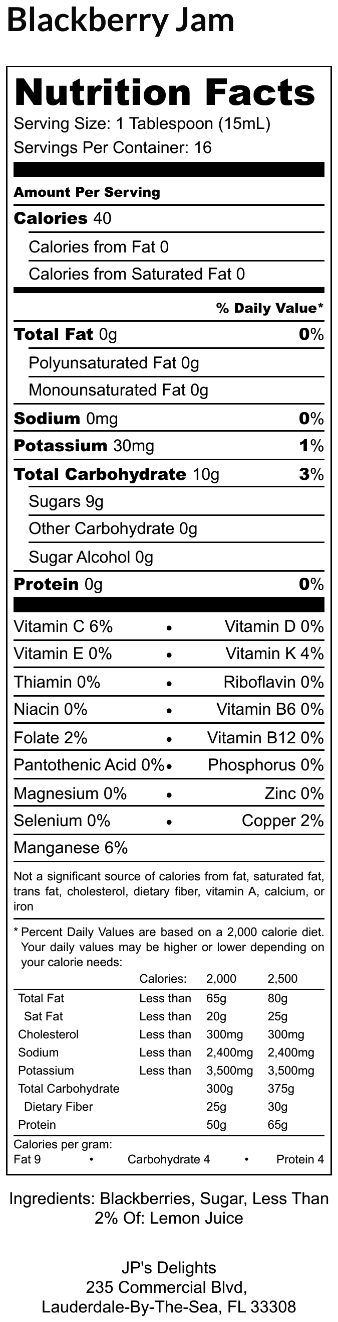 Nutritional Label for an 8 oz jar of Blackberry Jam
