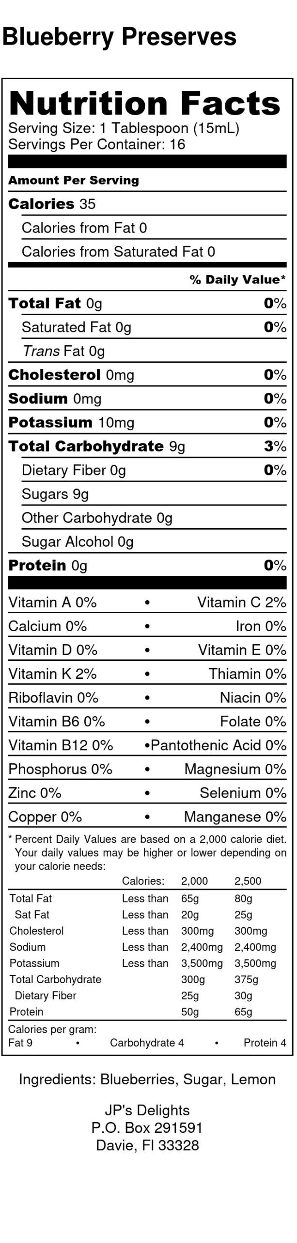 Nutritional Label for an 8 oz jar of Blueberry Preserves
