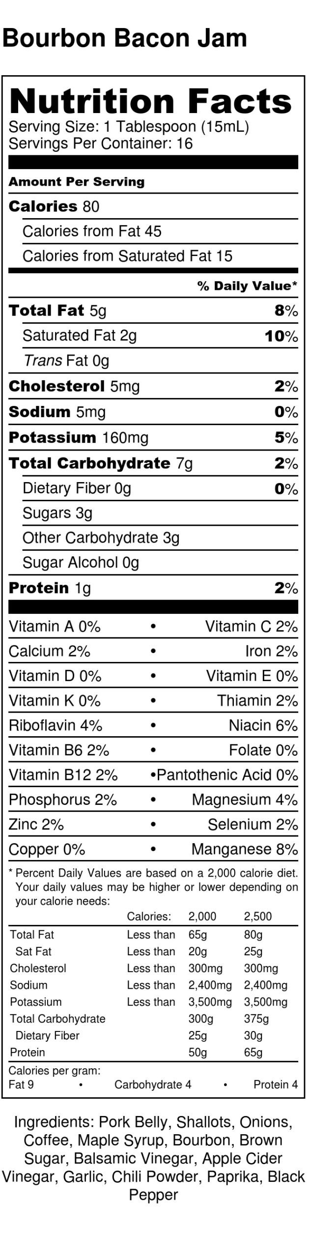 Nutritional label for an 8 oz jar of Bourbon Bacon Jam