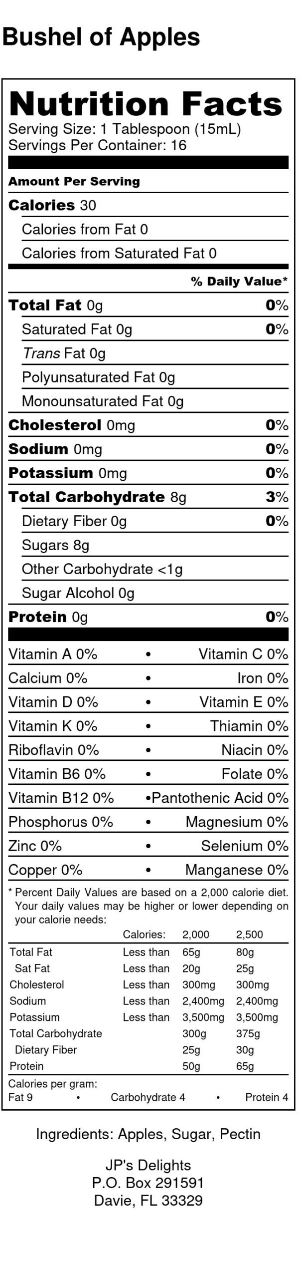 Nutritional Label for an 8 oz jar of Bushel of Apples Jelly