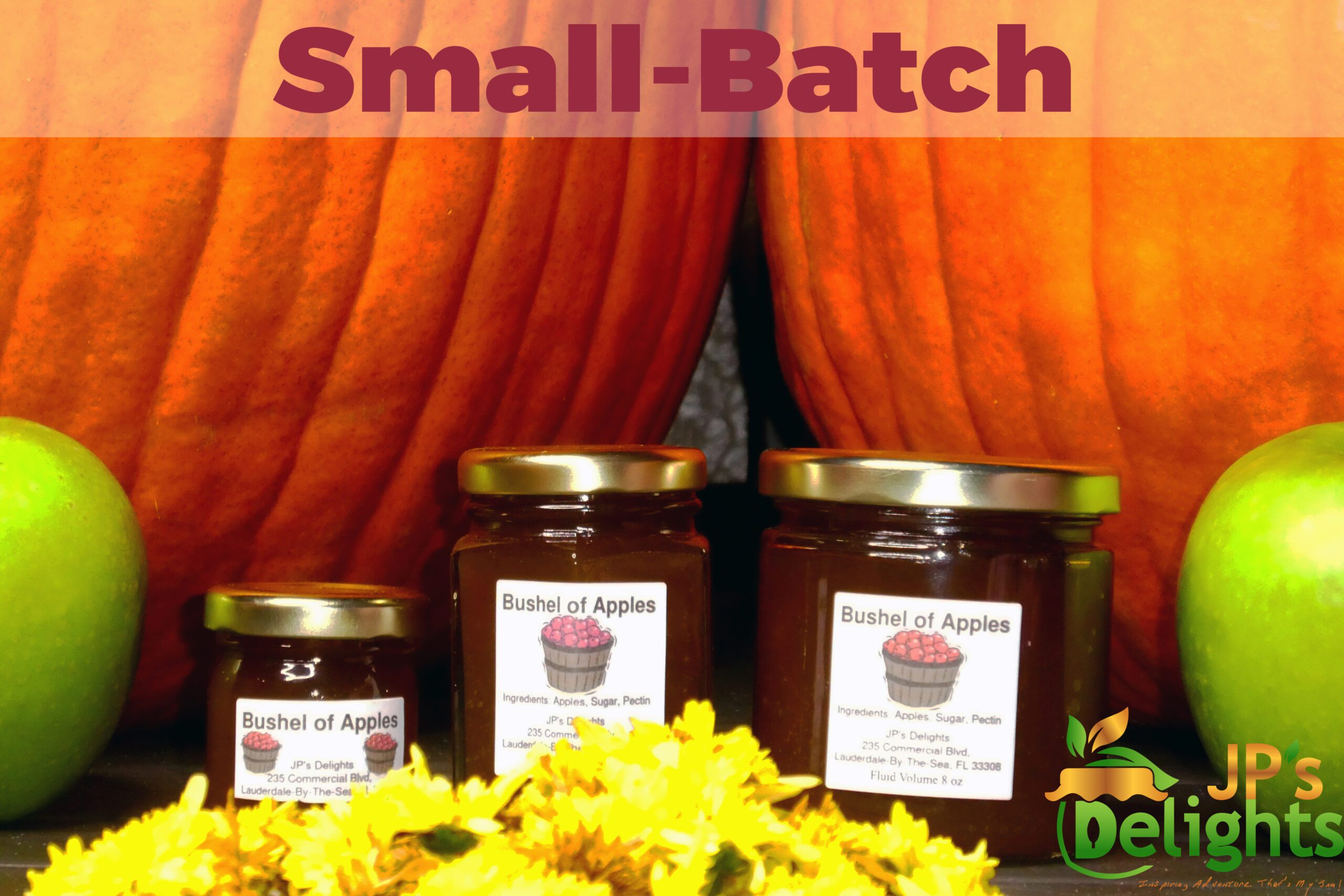 Small Batch of all size jars of Bushel of Apples Jelly set in a fall background