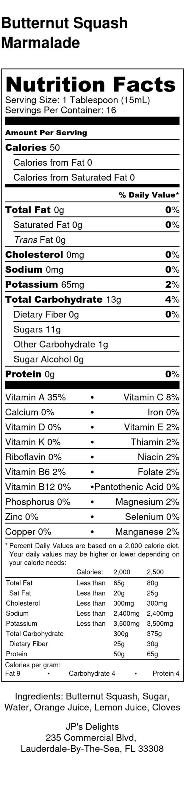 Nutritional label for an 8 oz jar of Butternut Squash Marmalade