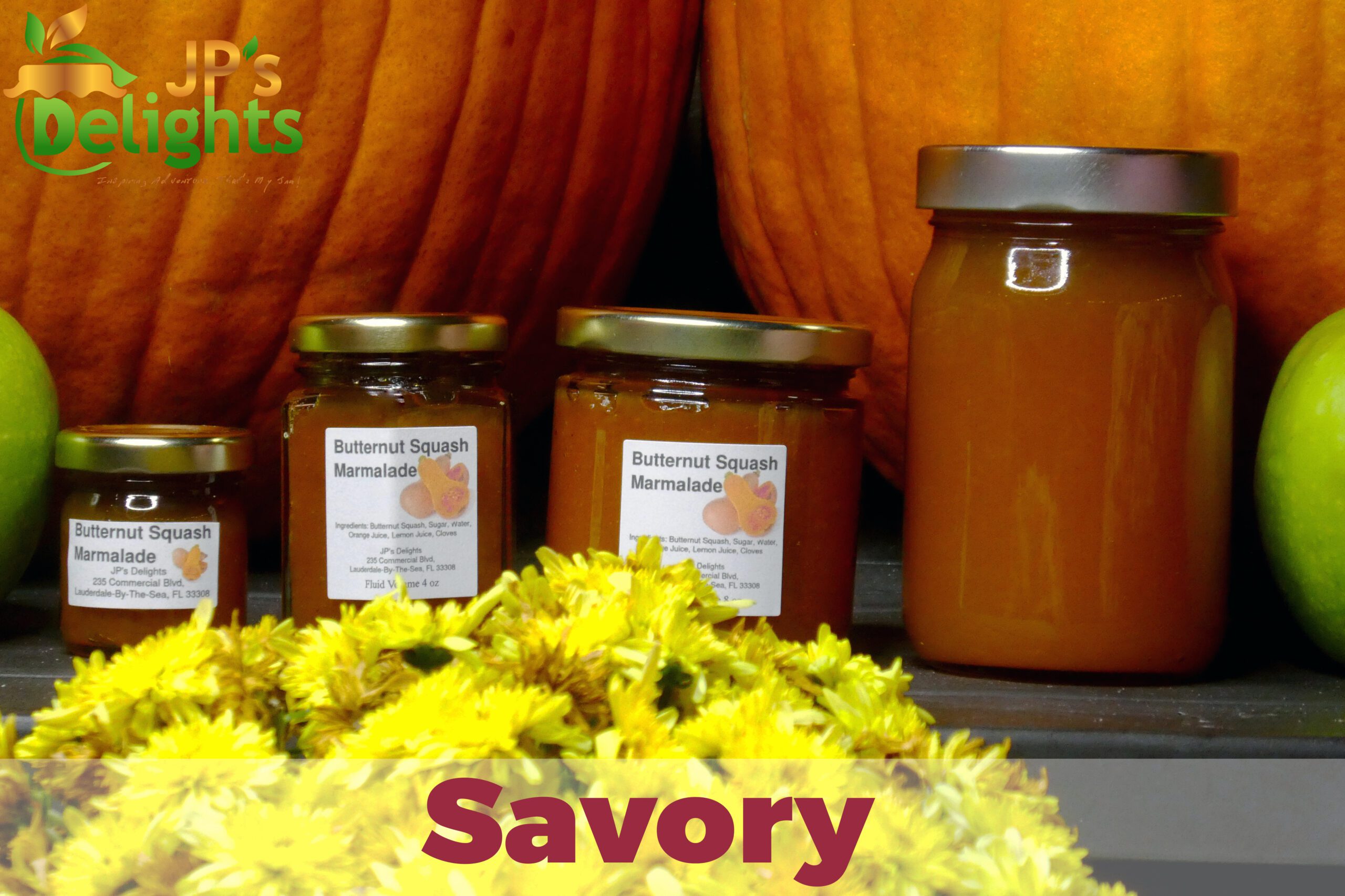 Savory jars of Butternut Squash Marmalade set in a fall background