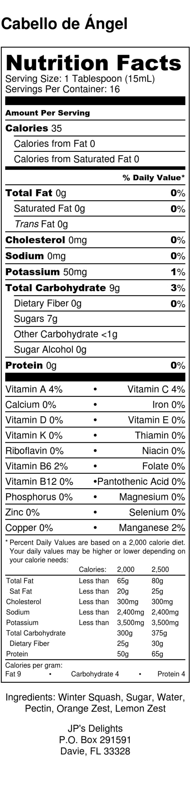 Nutritional label for an 8 oz jar of Cabello de Angel