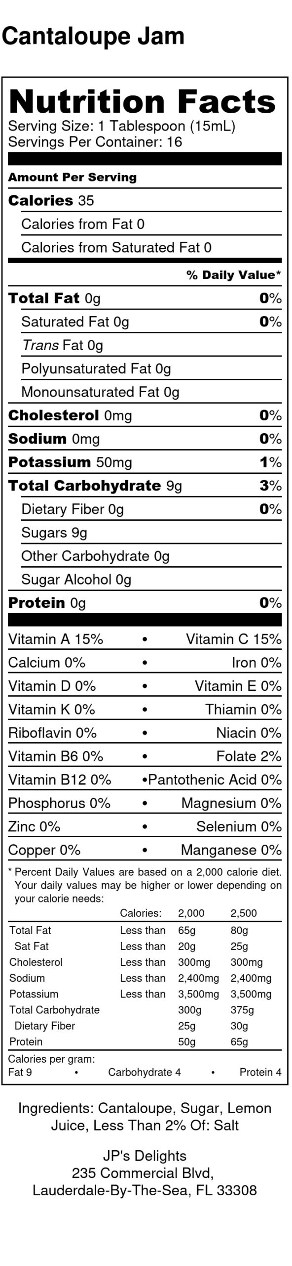 Nutritional label for an 8 oz jar of Cantaloupe Jam