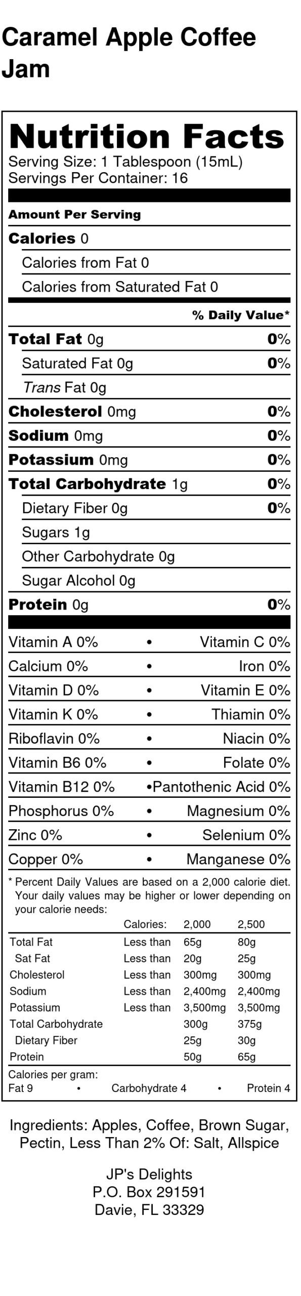 Nutritional label for an 8 oz jar of Caramel Apple Coffee Jam