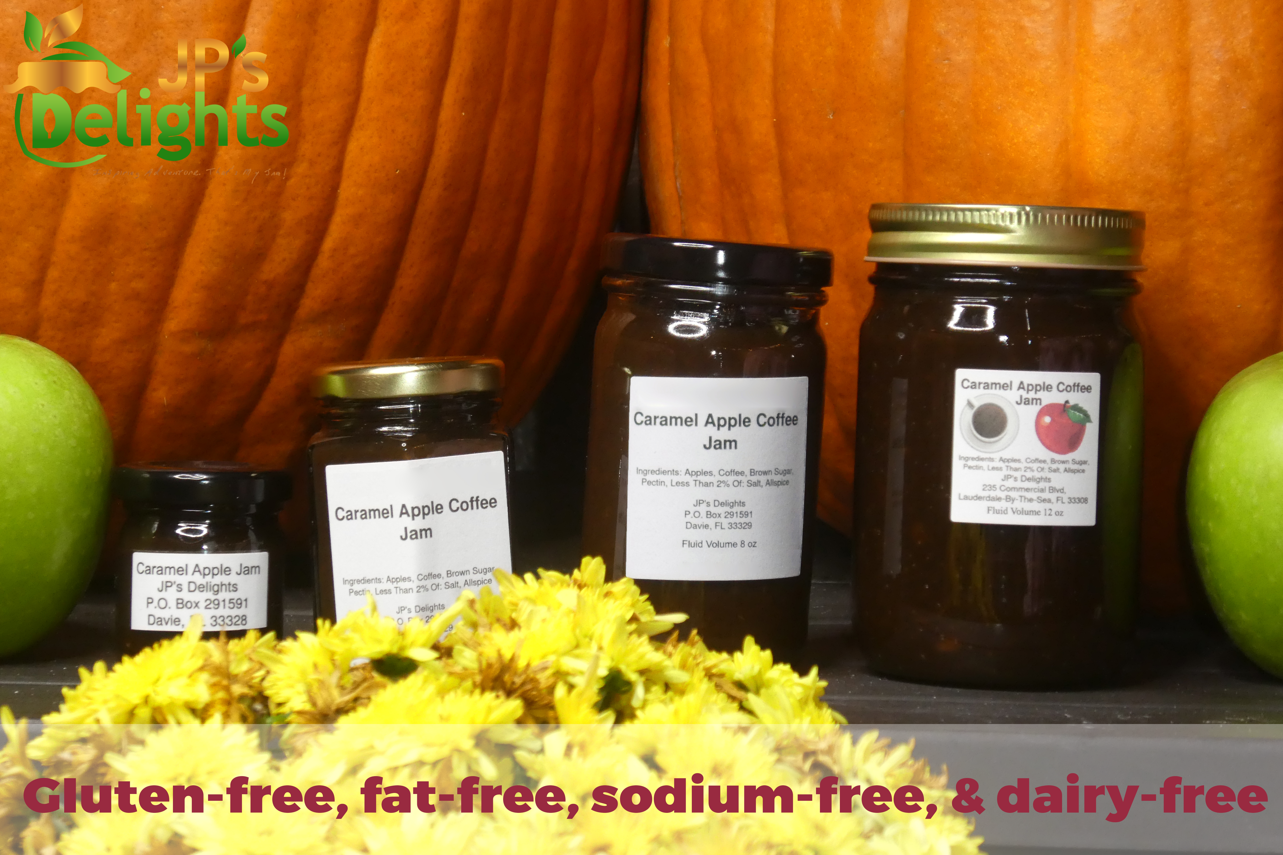 Gluten-free, fat-free, sodium-free, & dairy-free jars of Caramel Apple Coffee Jam set in a fall background close up