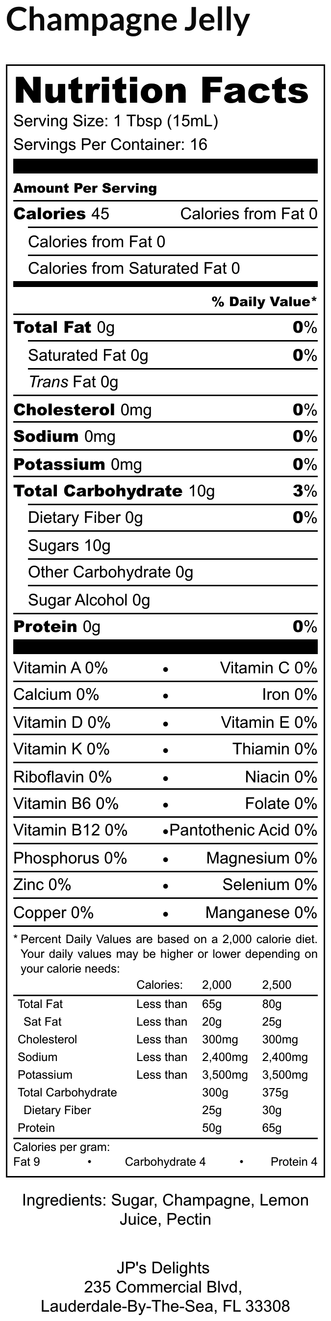 Nutritional label for an 8 oz jar of Champagne Jelly