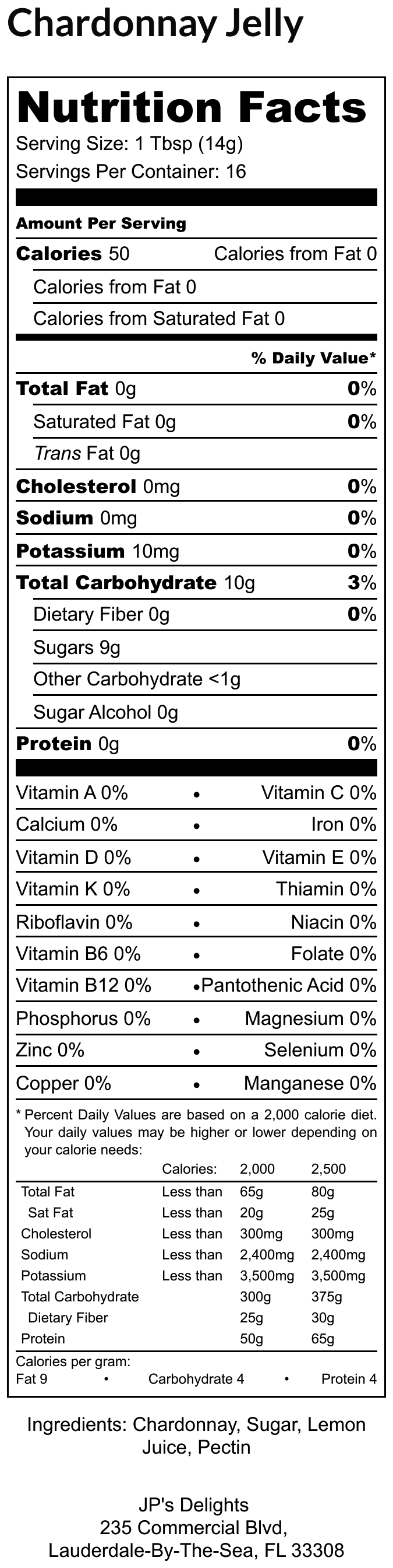 Nutritional label for an 8 oz jar of Chardonnay Jelly