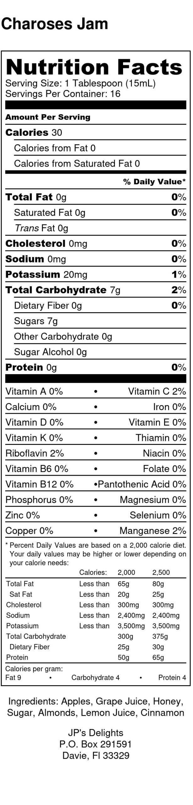 Nutritional label for an 8 oz jar of Charoses Jam