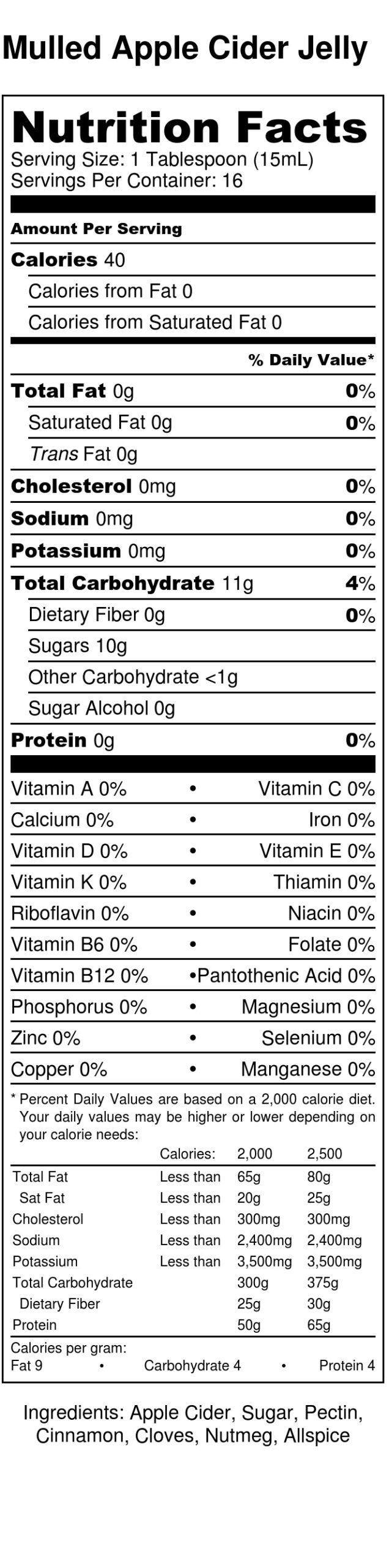 Nutritional Label for an 8oz jar of Apple Cider Jelly