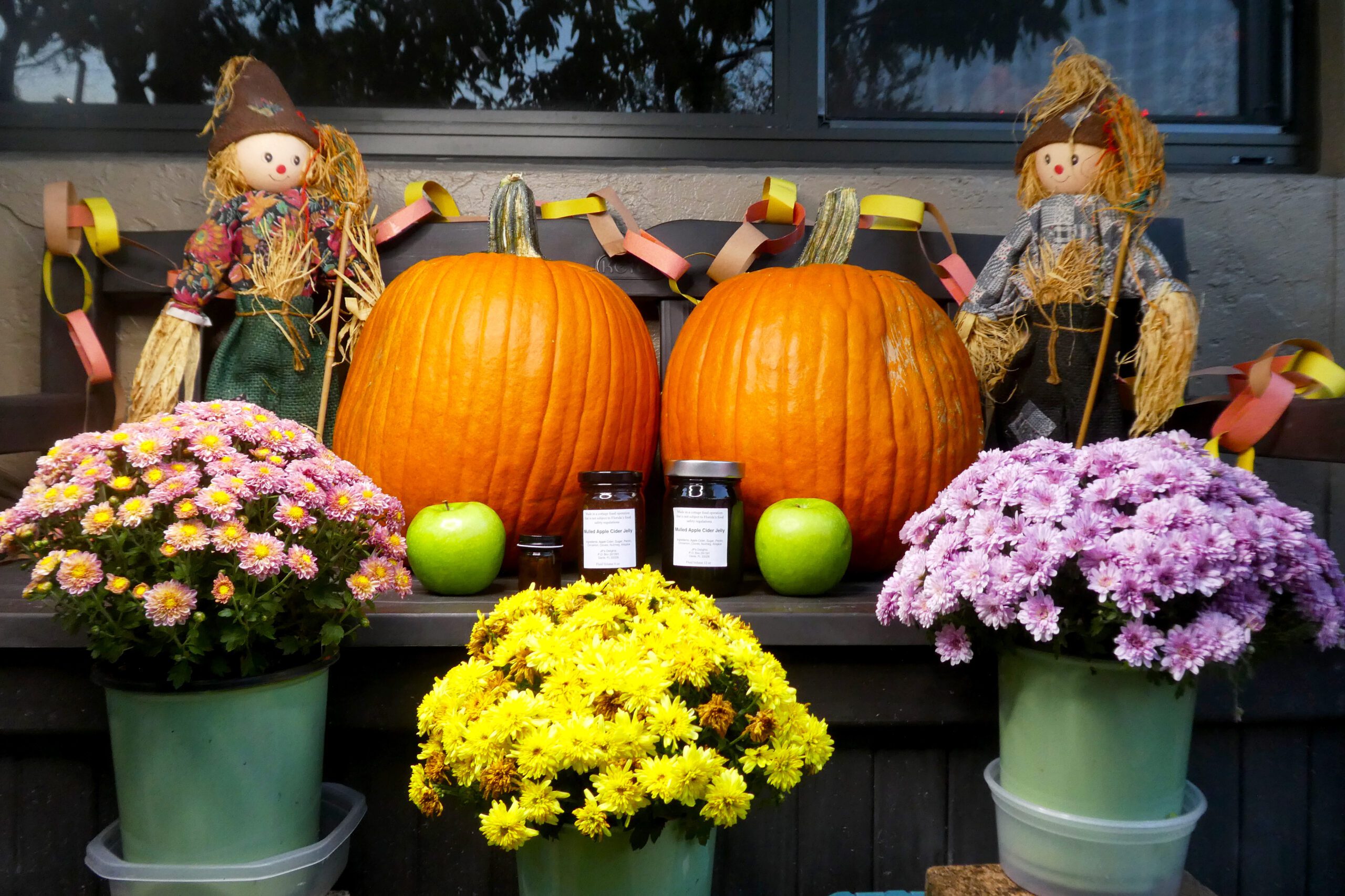 Organic 8 and 12 oz jars of Apple Cider Jelly with a fall theme far shot