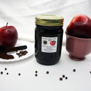 12 oz jar of Caramel Apple Coffee Jam surrounded by its ingredients